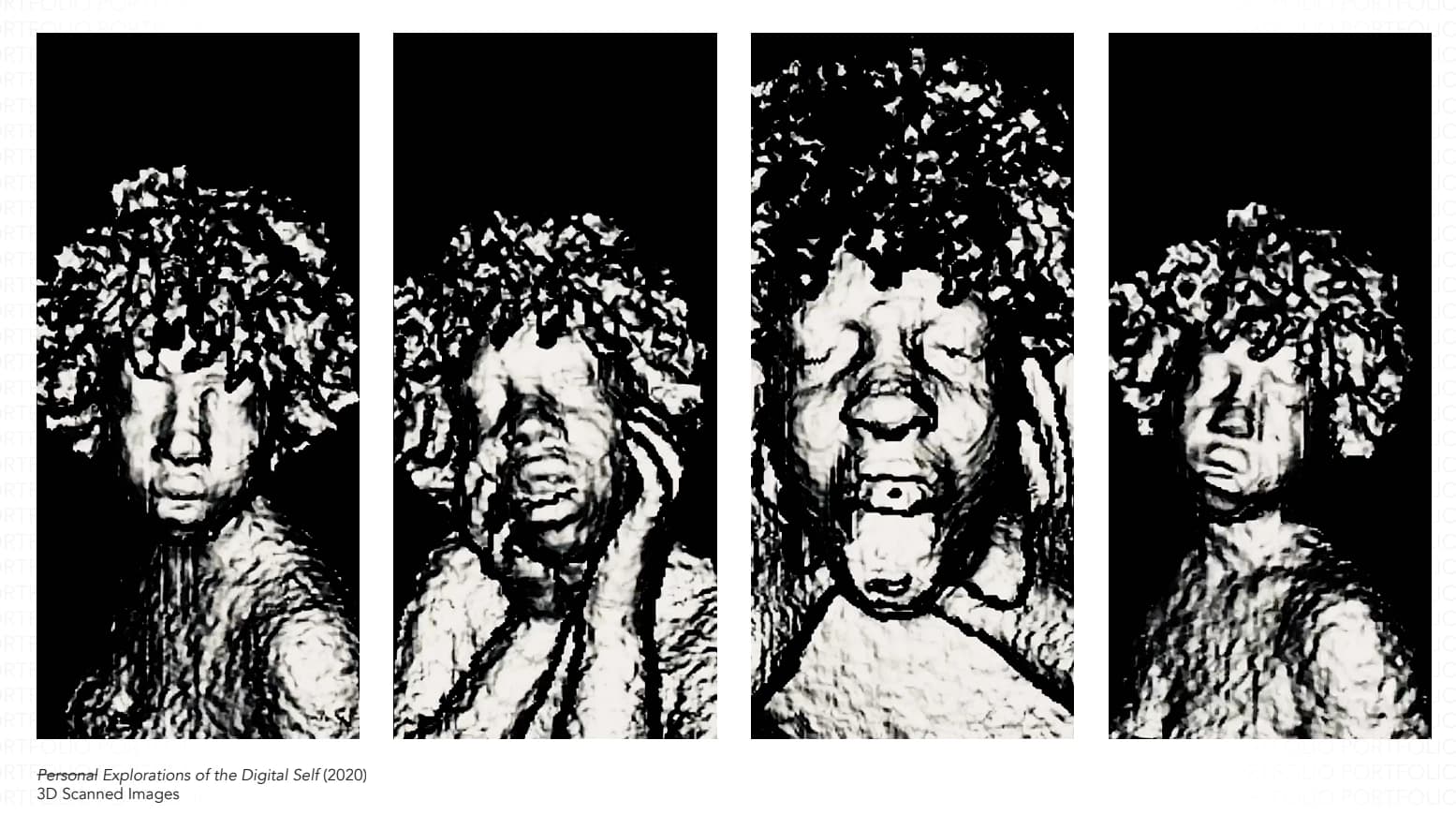 Four black-and-white digital renderings of faces in motion