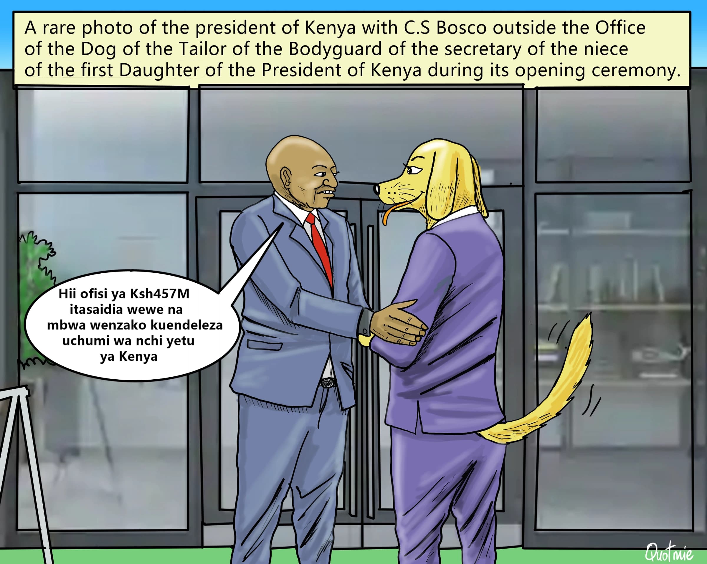 Editorial cartoon depicting the Kenyan president speaking to a dog-headed official