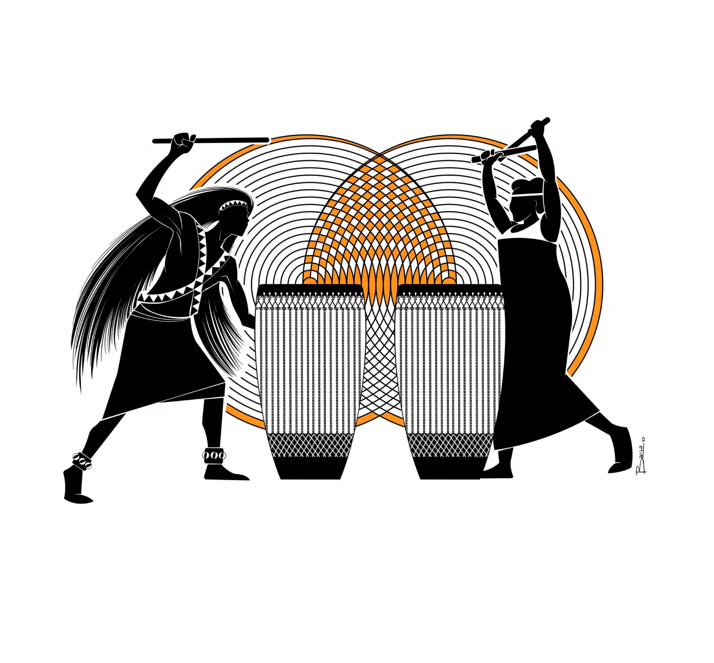 Two stylised figures hold spears above patterned drums and interlocking orange circles