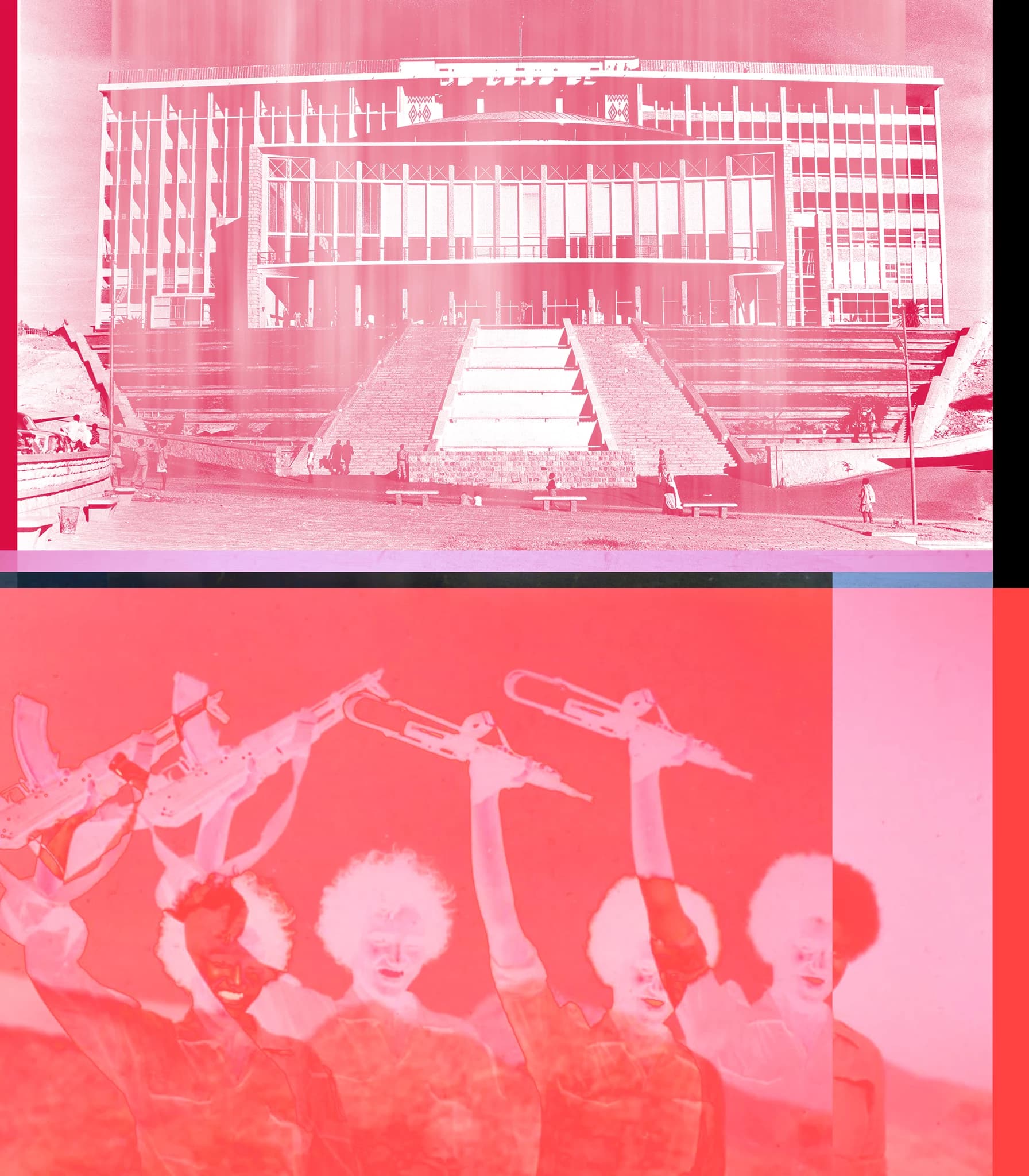 Pink and red photomontage combining a modern building with figures raising objects above their heads