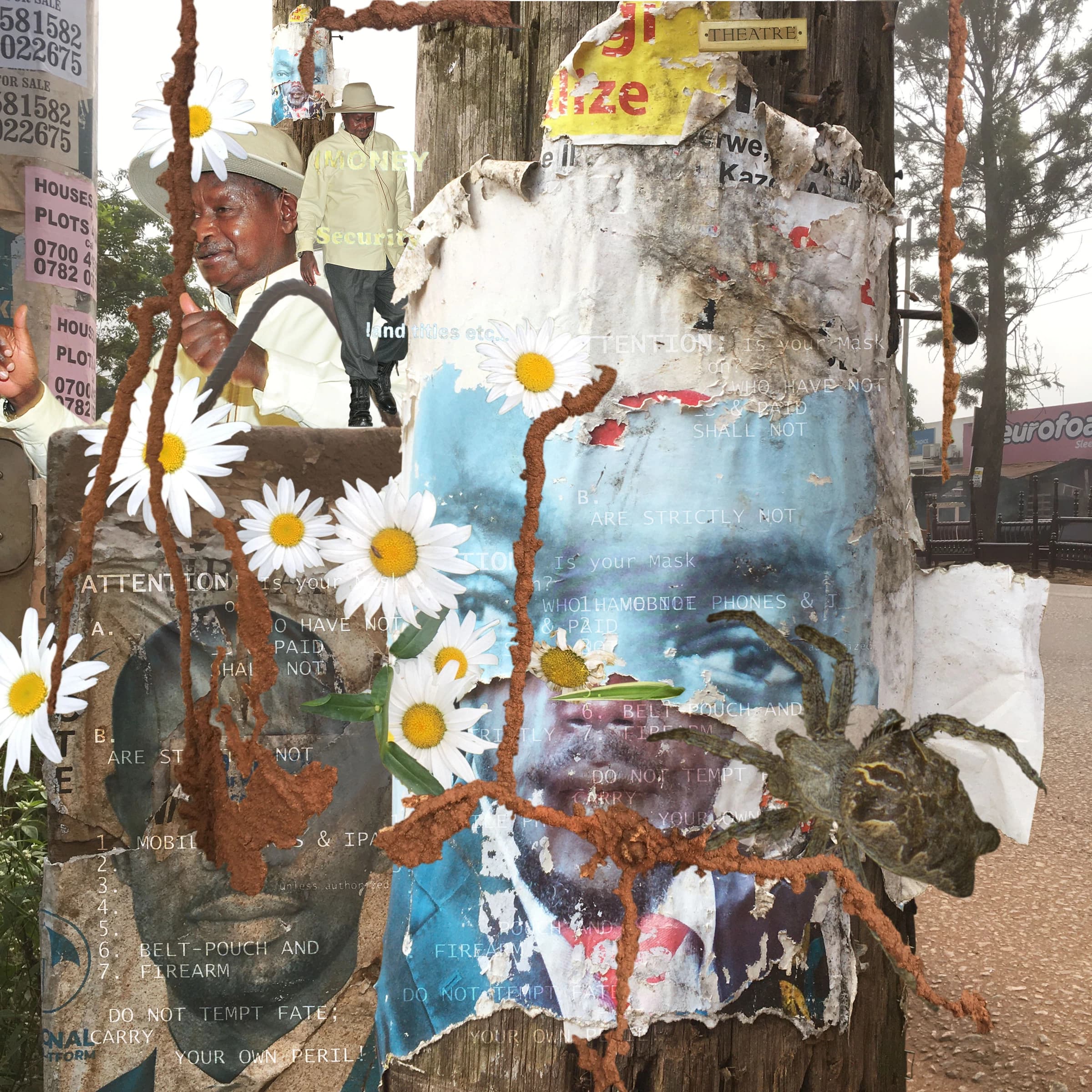 Layered collage of political posters, flowers, decaying surfaces, and everyday objects