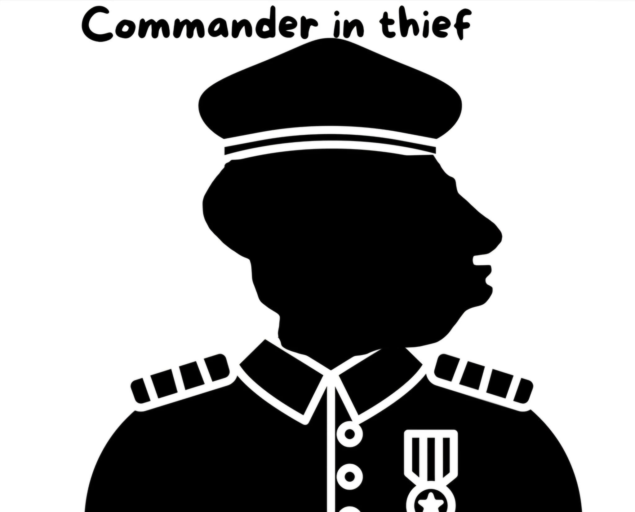Black silhouette of a large-headed figure in military uniform, captioned Commander in thief