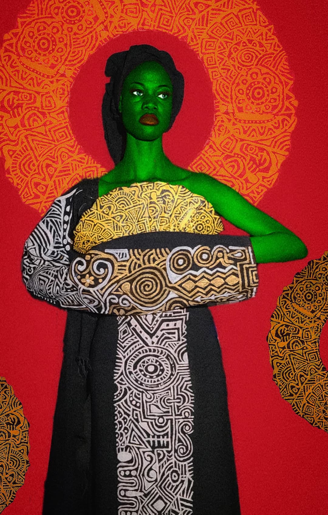 A portrait collage of a woman with green skin against an orange patterned background
