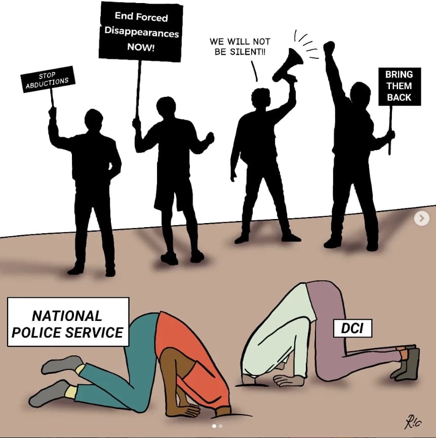 Protesters demand an end to forced disappearances above cowering police and DCI figures