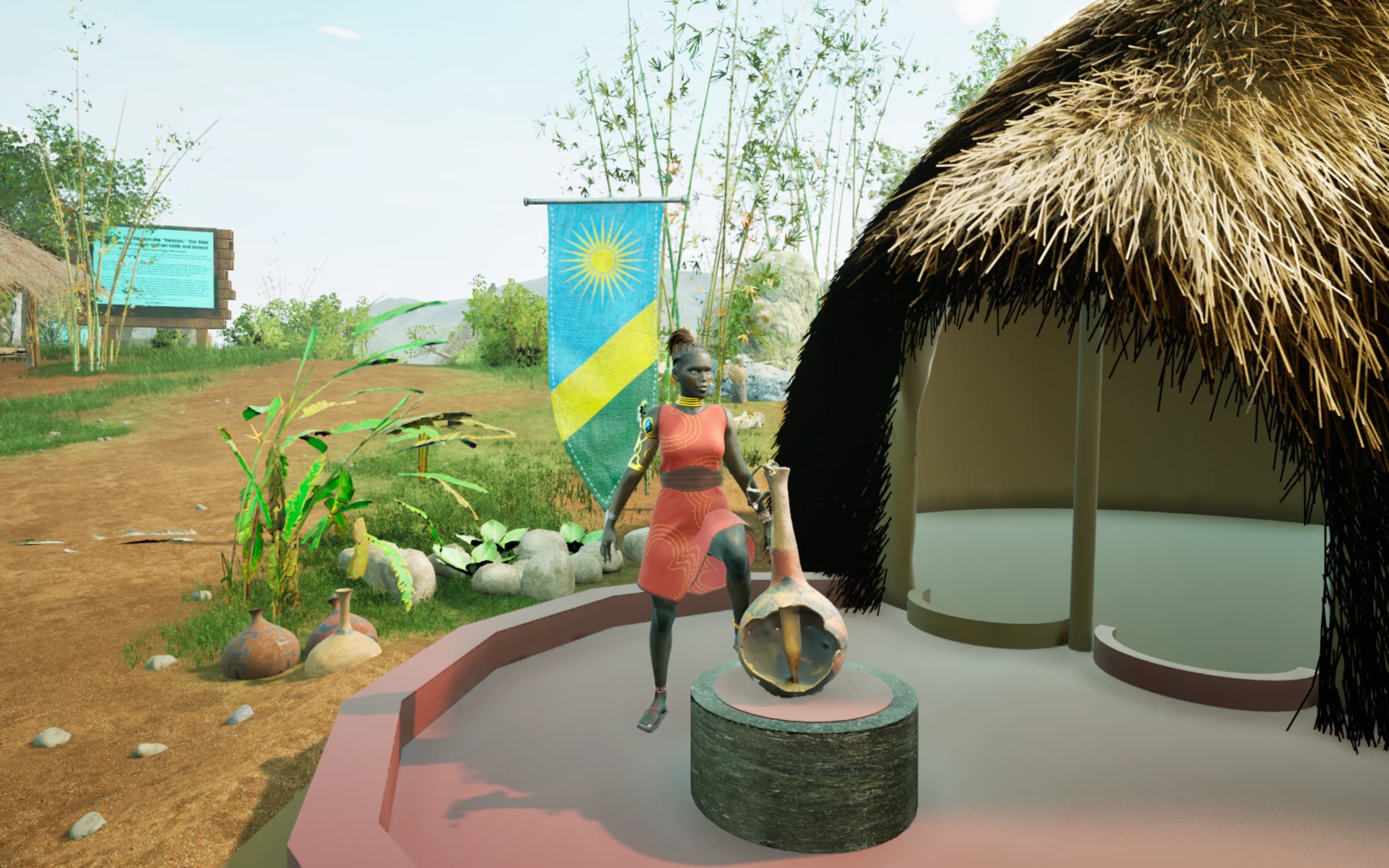 A digitally rendered outdoor scene with a thatched building, a figure, and a circular well